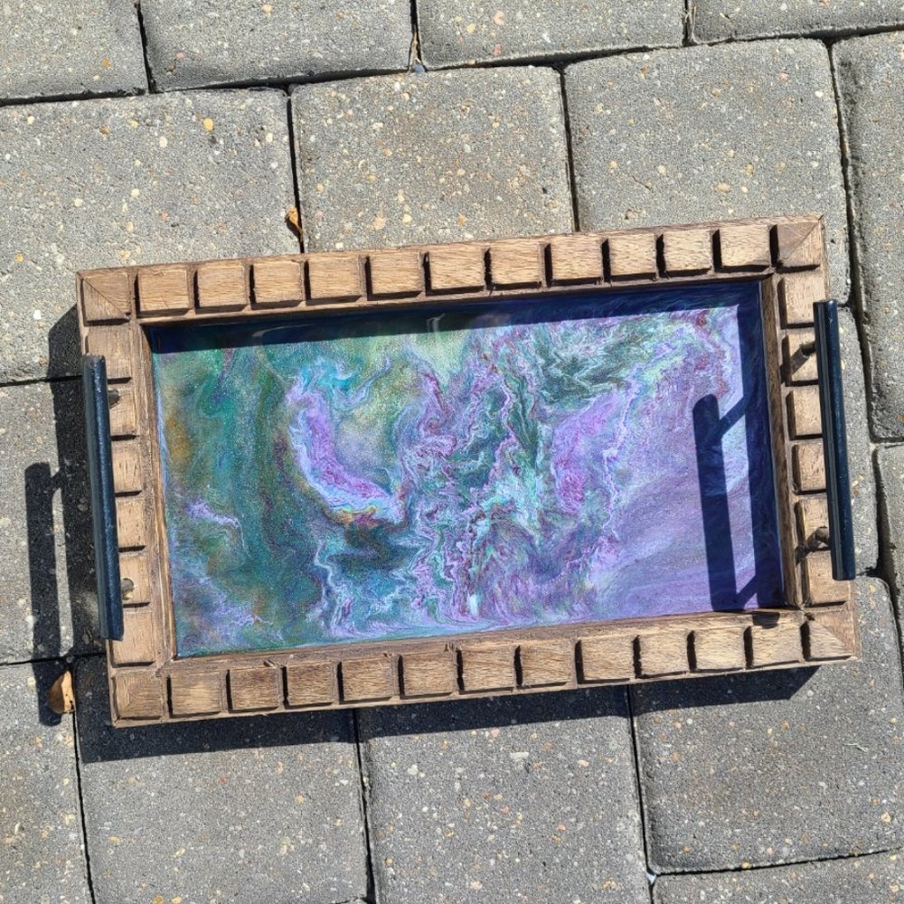 Small Rectangular Serving or Trinket Tray With Saw Cuts, Purple and Green